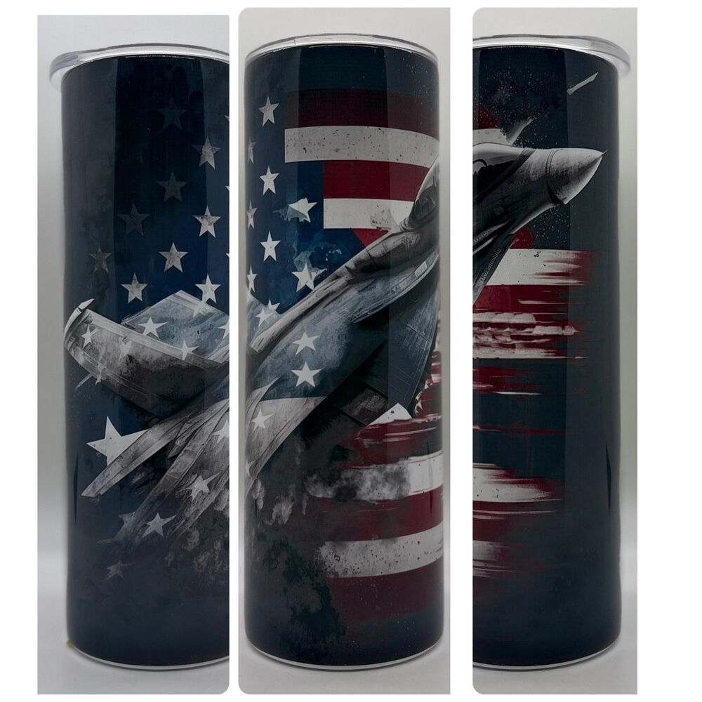 NEW "Jet/Flag"  20 oz. Stainless Steel Tumbler w/Straw Set & Silicone Tip